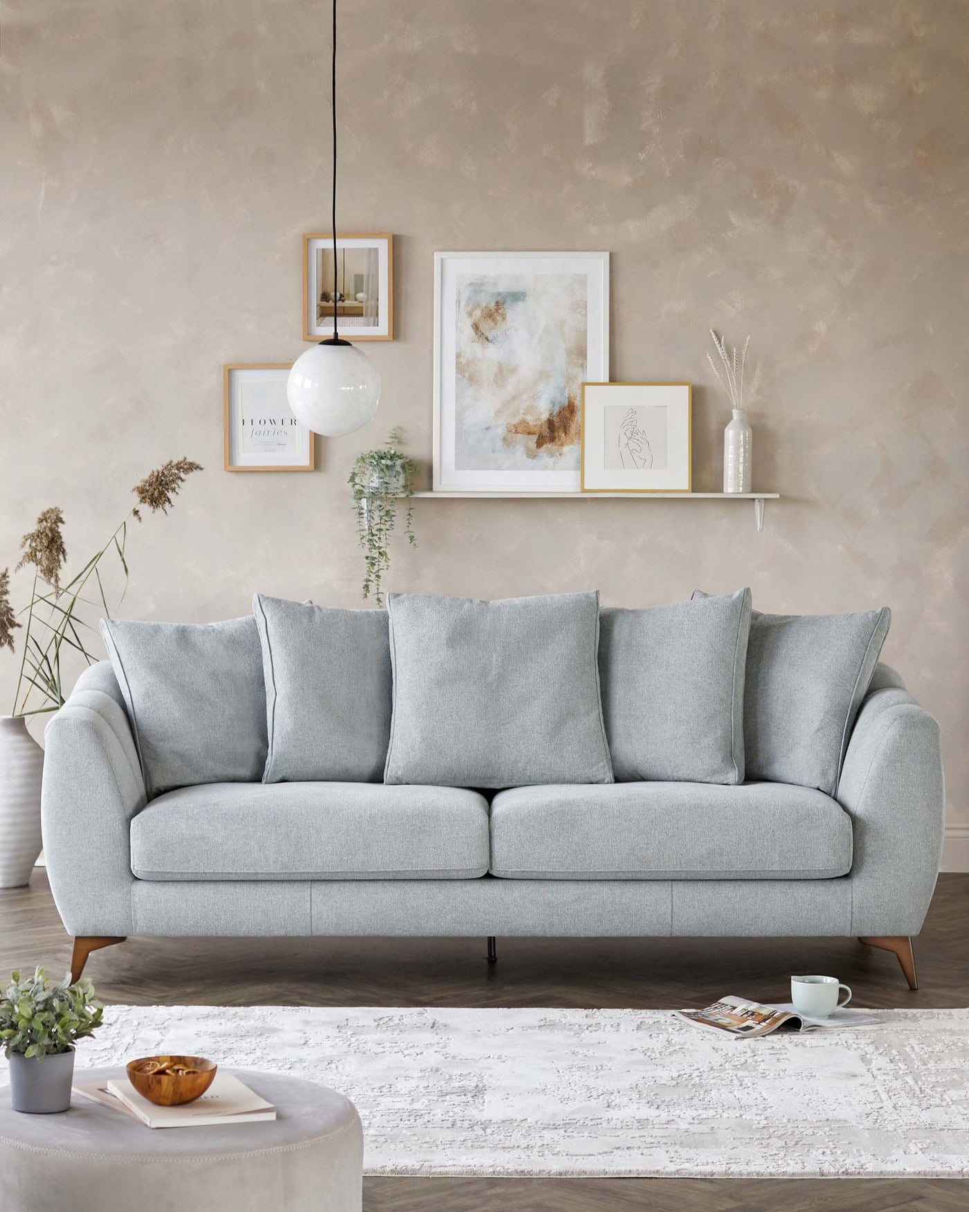 Genevieve Light Grey Fabric 3 Seater Sofa with Wooden Leg