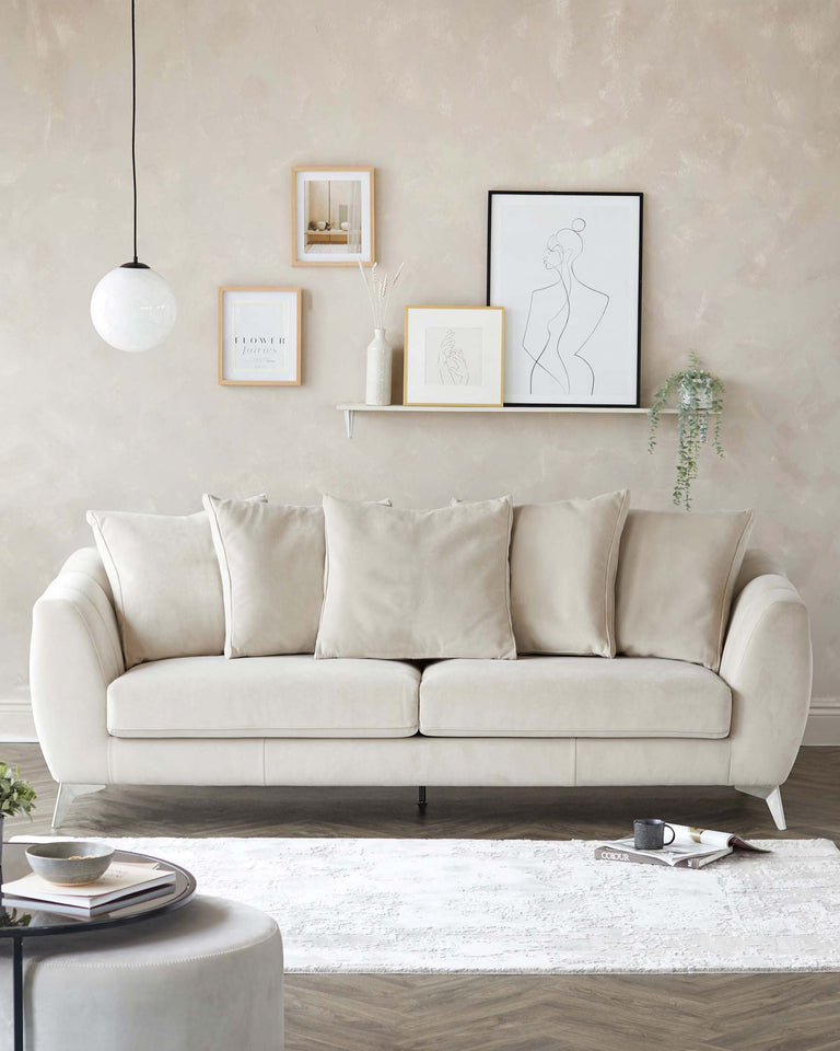 Elegant contemporary three-seater sofa with plush beige upholstery and multiple matching cushions. The sofa features a simple, clean design with rounded armrests and slender black legs. A round, light grey ottoman sits in the foreground, alongside a small, chic black side table with a few decorative items on top, including a bowl and books. The furniture is complemented by a white textured rug underneath.