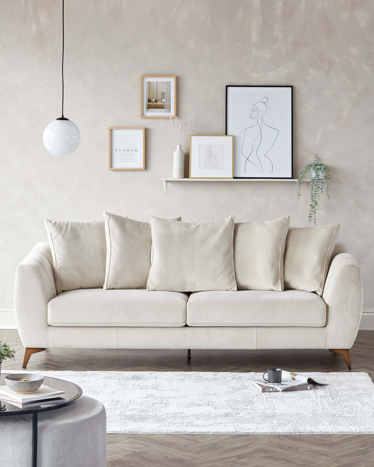 Beige three-seater sofa with plush back cushions, rounded armrests, and tapered wooden legs, accompanied by a round grey upholstered ottoman and a black-framed side table with a circular top. The set is accented by a white patterned area rug on a wooden floor.