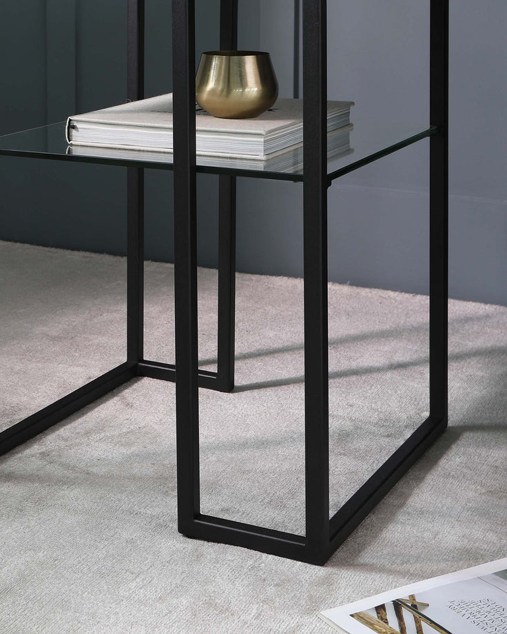 Modern minimalist black metal frame side table with two-tiered glass shelves, featuring a golden vase and a stack of books on the upper shelf, set against a dark wall on a light-coloured rug.