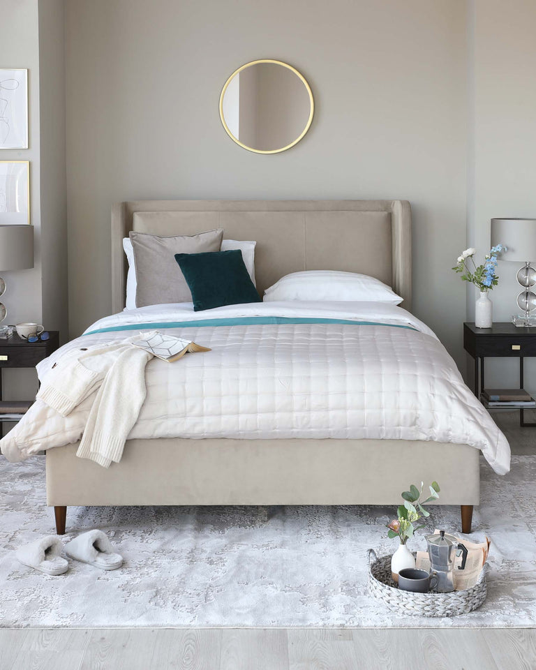 A contemporary upholstered bed with a padded headboard in a neutral beige colour, flanked by two sleek black nightstands topped with modern table lamps. The bed is dressed with crisp white linens, a blue accent pillow, and a quilted throw. A cosy knit sweater and a pair of white slippers are casually placed at the foot of the bed, which rests upon tapered wooden legs. A decorative round mirror with a thin golden frame adds elegance, hanging on the wall above the bed.