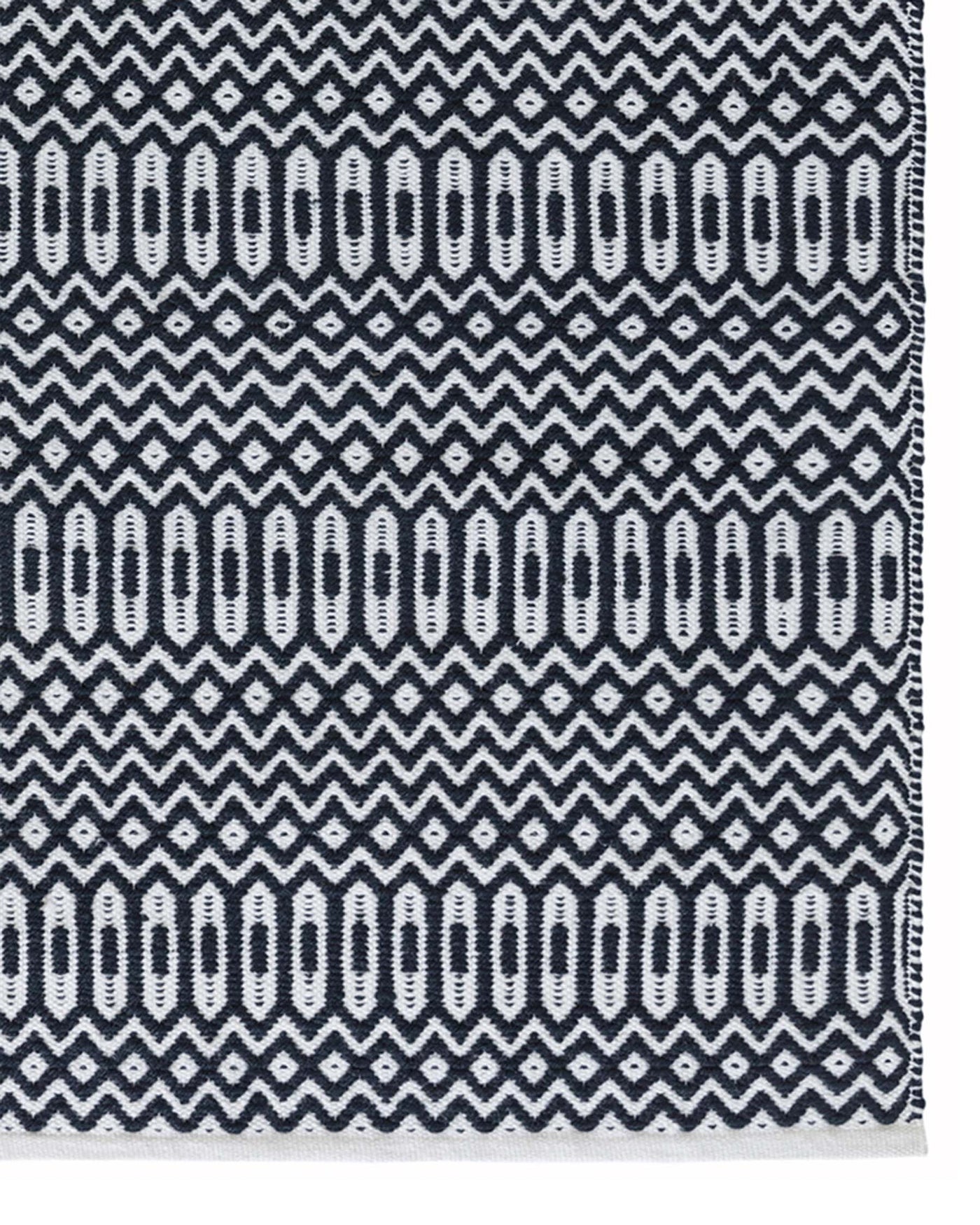 Textured area rug with geometric patterns in shades of dark blue and white.