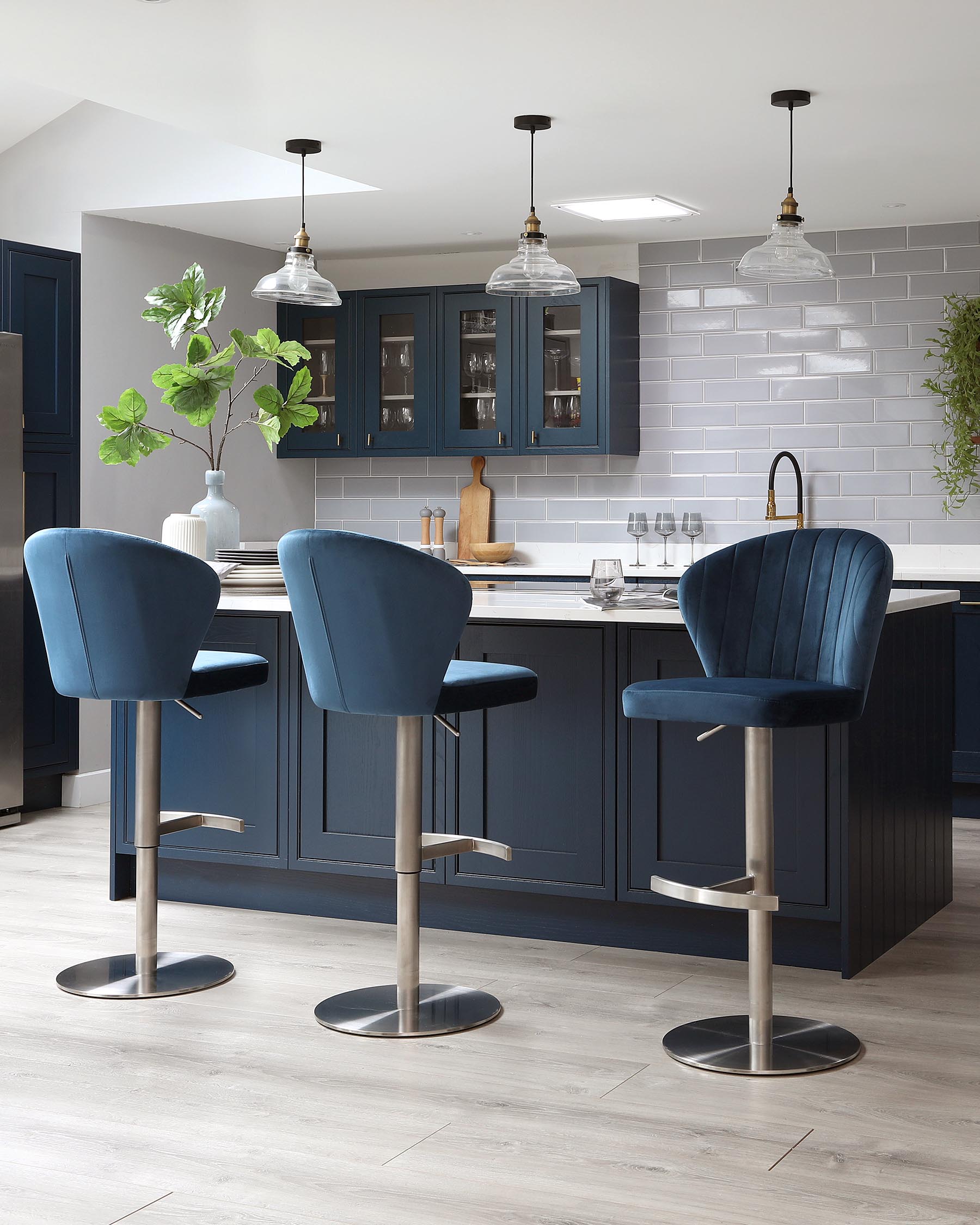 Harper Dark Blue Velvet Gas Lift Bar Stool Danetti