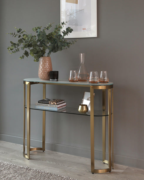 Isla White Glass And Brass Console Table