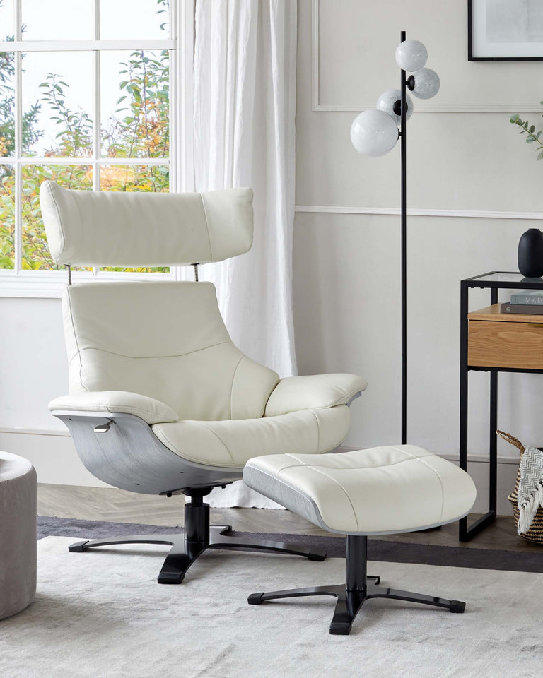 Modern light beige leather recliner chair with adjustable headrest and matching footstool on a star-shaped black base, situated in a bright room with a white floor lamp and minimalist wooden side table in the background.