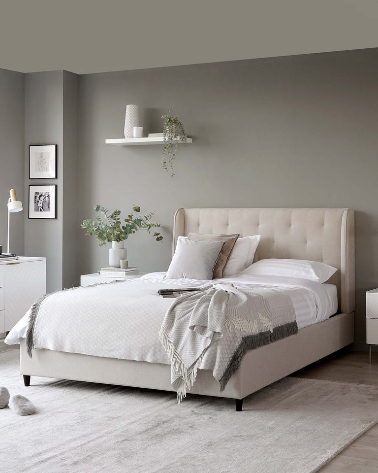 Elegant contemporary bedroom furniture featuring a neutral-toned upholstered bed frame with a high cushioned headboard and low-profile foundation. A sleek white nightstand with a minimalist drawer design stands beside the bed, accompanied by a white floating shelf mounted above it. Both pieces complement the modern and tranquil aesthetic of the room.