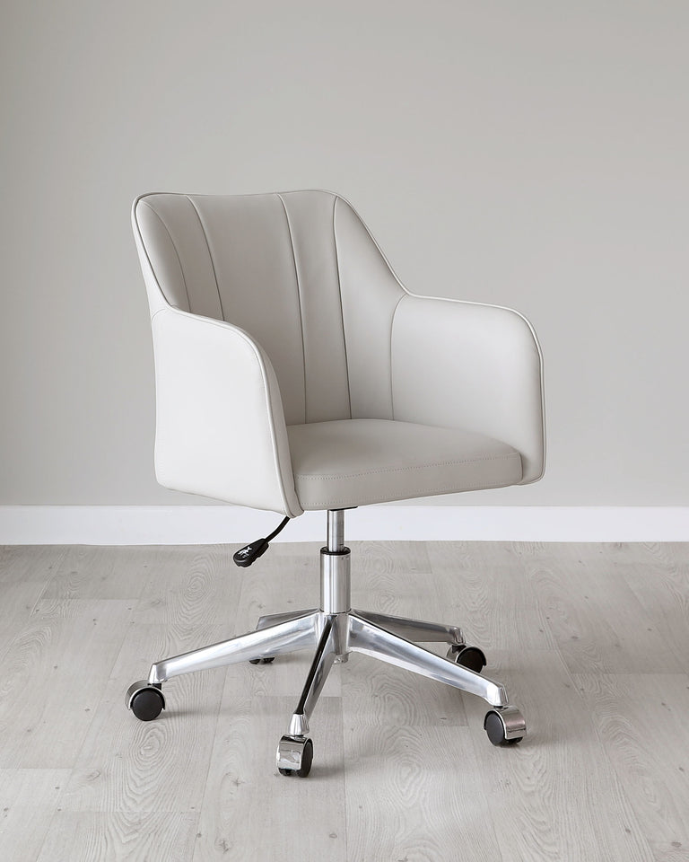 Modern white office chair with a high backrest and curved armrests, featuring clean line stitching, mounted on a five-point polished chrome base with caster wheels.