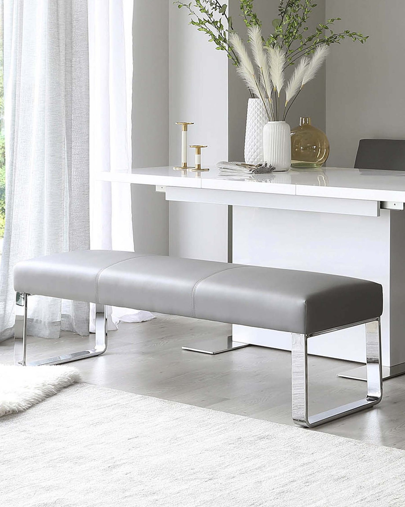 Loop 3 Seater Grey Faux Leather & Chrome Bench Without Backrest