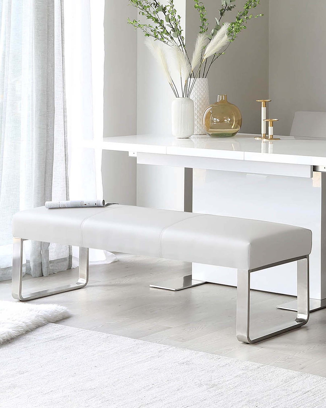 Loop 3 Seater Grey Faux Leather & Stainless Steel Bench | Danetti