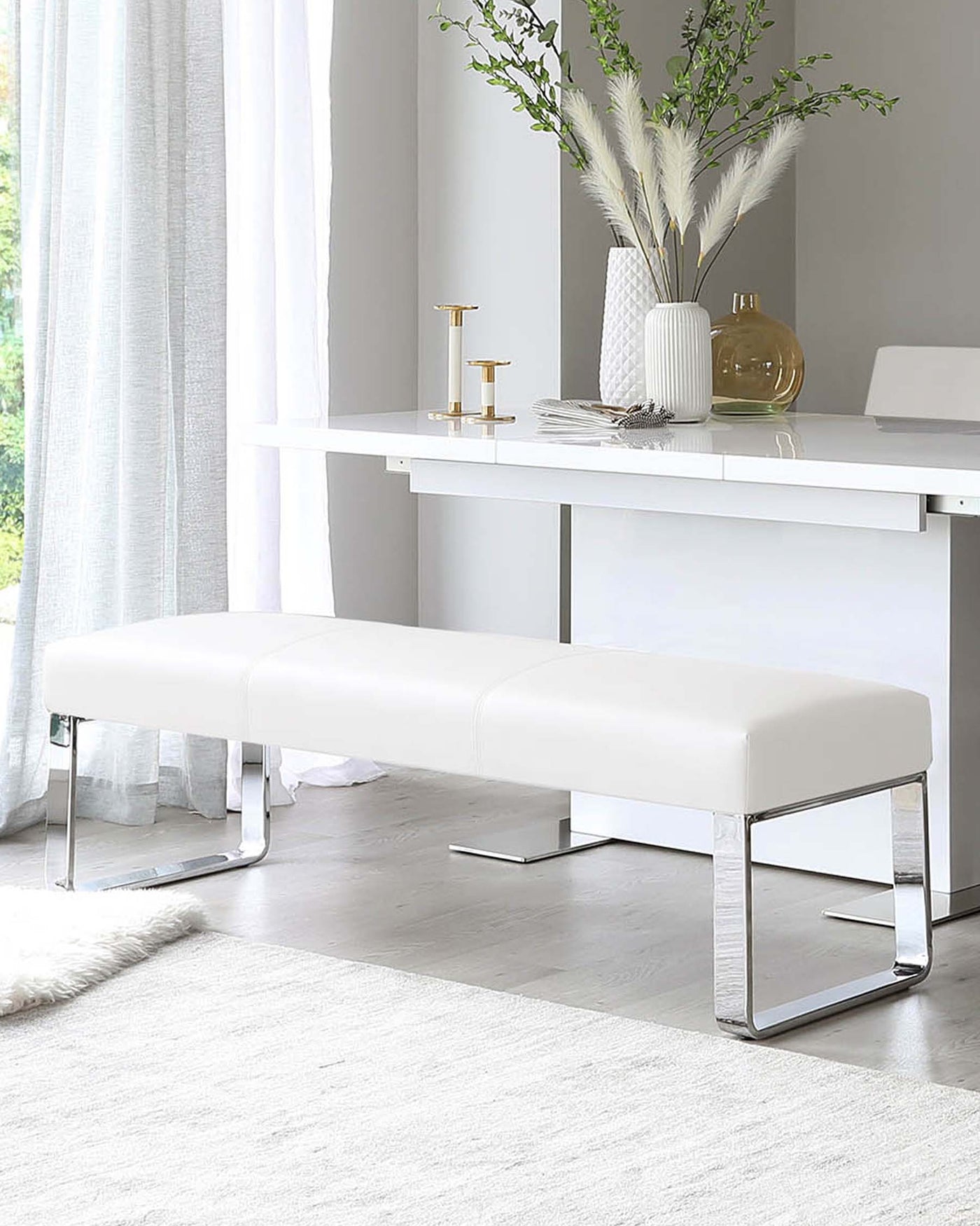 Loop 3 Seater White Faux Leather & Chrome Bench Without Backrest