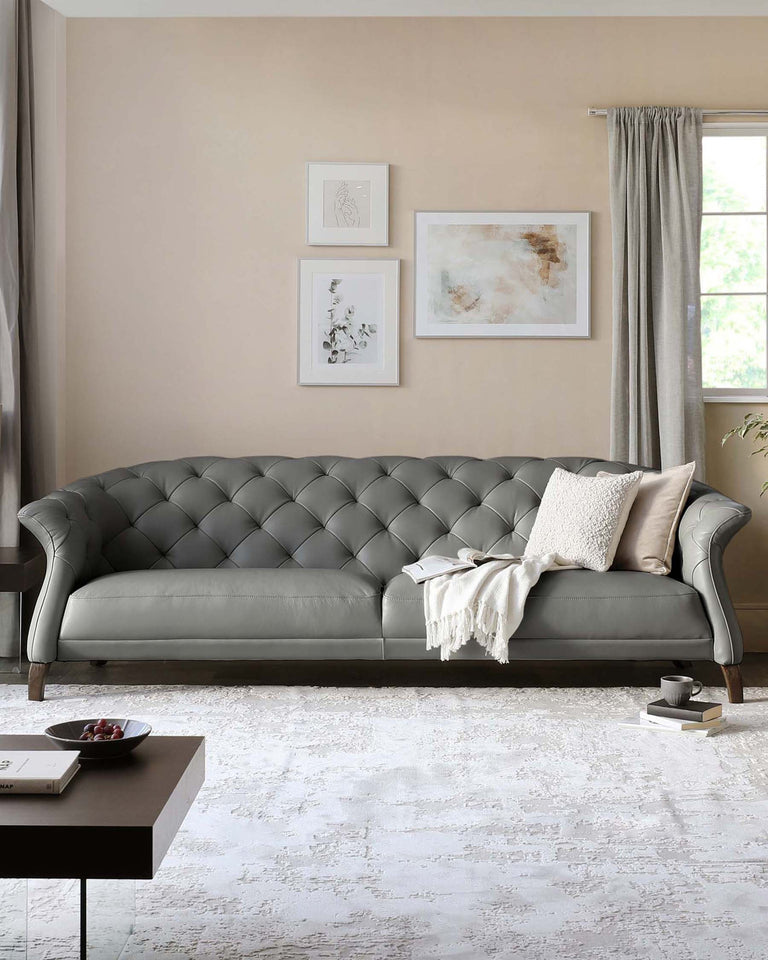 Elegant, grey, tufted chesterfield sofa with rolled arms and a high back. In front of it is a dark wood, low-profile coffee table with a plate of fruit and books on top. The arrangement is on a white and grey distressed area rug. There's a white knitted throw blanket and decorative pillows accentuating the couch.
