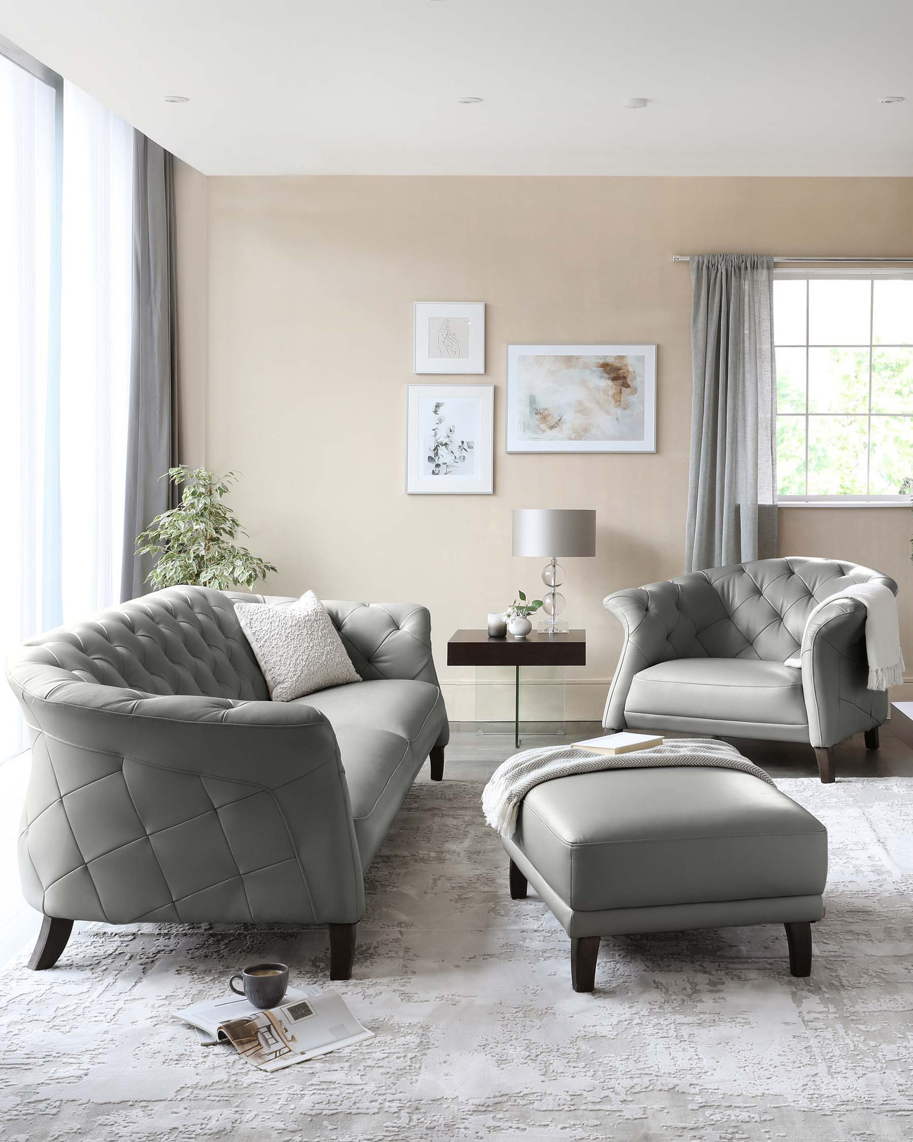 Luxe Light Grey Leather Medium Sofa and Armchair