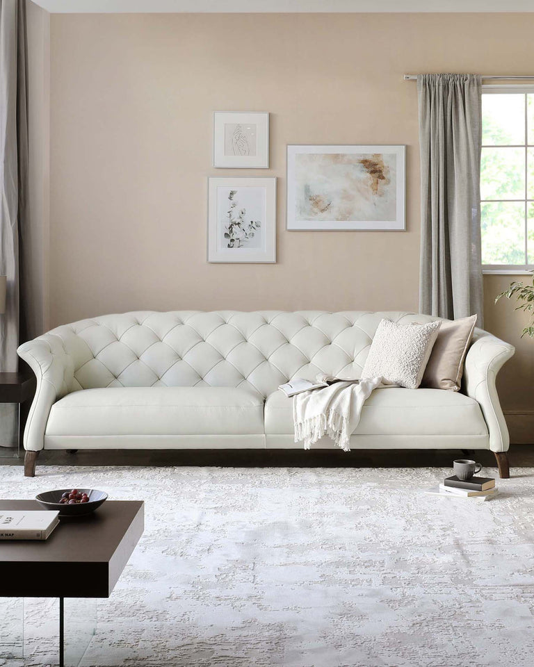 Elegant ivory tufted sofa with rolled arms and wooden legs, featuring a soft throw blanket and a decorative cushion, accompanied by a modern square coffee table with books and a bowl, all set on a textured off-white area rug within a neutrally toned living space.