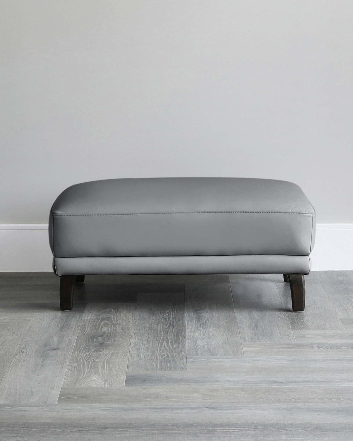 Luxe Modern Dark Grey Leather With Dark Wood Leg Footstool
