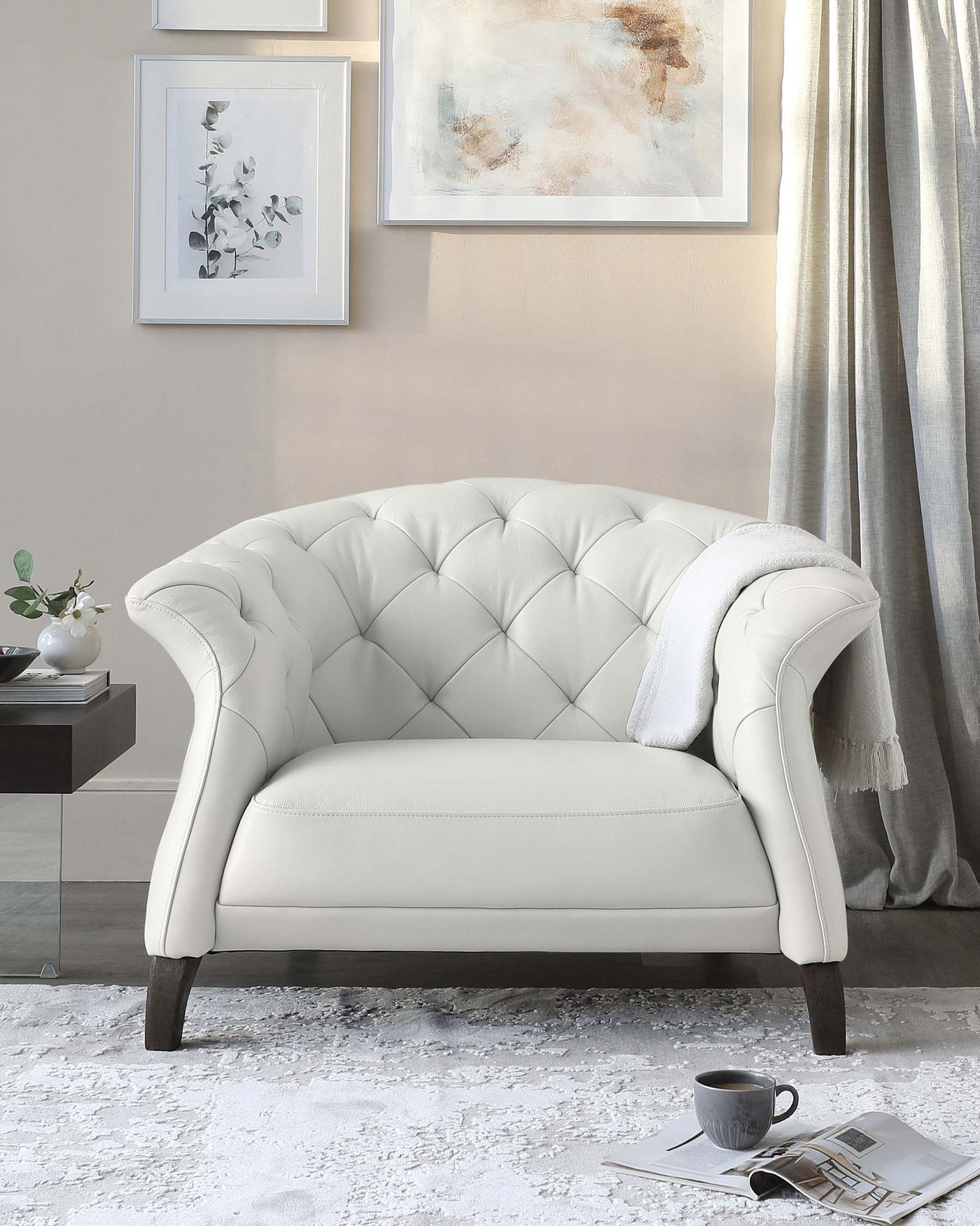 Luxe Modern White Real Leather And Dark Wood Leg Armchair