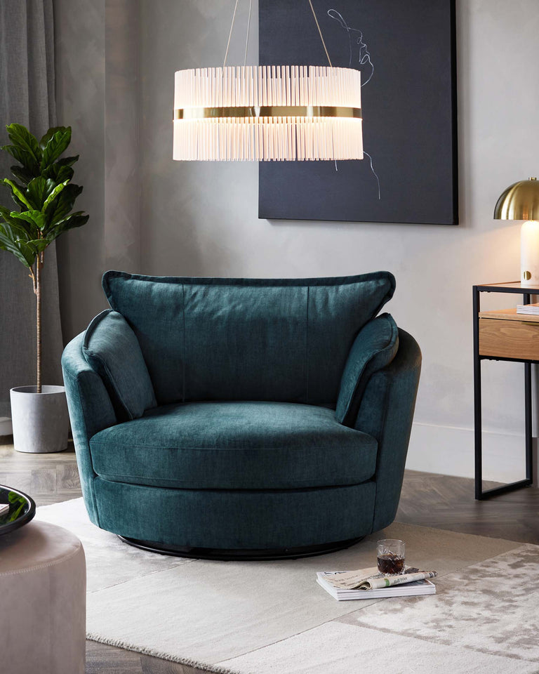 A plush, oversized deep teal armchair with a velvety texture and curved backrest, set atop a subtle beige area rug. It is positioned in a modern-styled room with a geometric wooden side table bearing a lamp, and a white cylindrical planter with a green plant. Overhead is a contemporary pendant lamp with multiple horizontal fringes casting warm light, complementing the abstract line art on the wall.