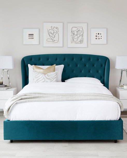 Manolo Dark Teal Velvet Double Bed With Storage