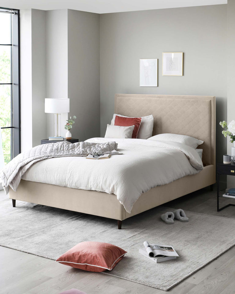 A contemporary bedroom featuring a large, queen-size bed with an upholstered beige headboard and a neatly dressed bed with white and blush-toned linen. Beside the bed is a small black nightstand with a drawer, topped with a stylish white cylindrical table lamp. The room is accented with soft grey wall hues, wood flooring, and a large textured area rug beneath the bed. Completing the scene is a minimalistic wall art frame above the headboard.