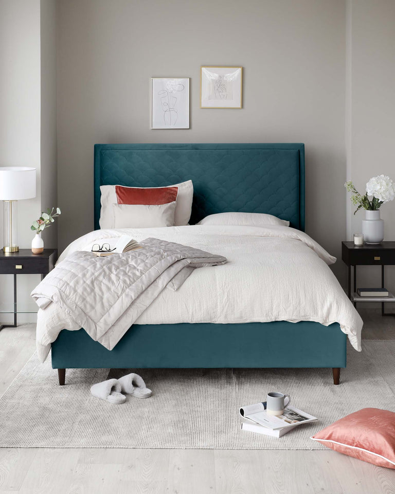 Elegant teal upholstered bed frame with a diamond-tufted headboard, accompanied by a sleek white lamp on a black nightstand, set against a neutral room palette with a textured grey rug underfoot.