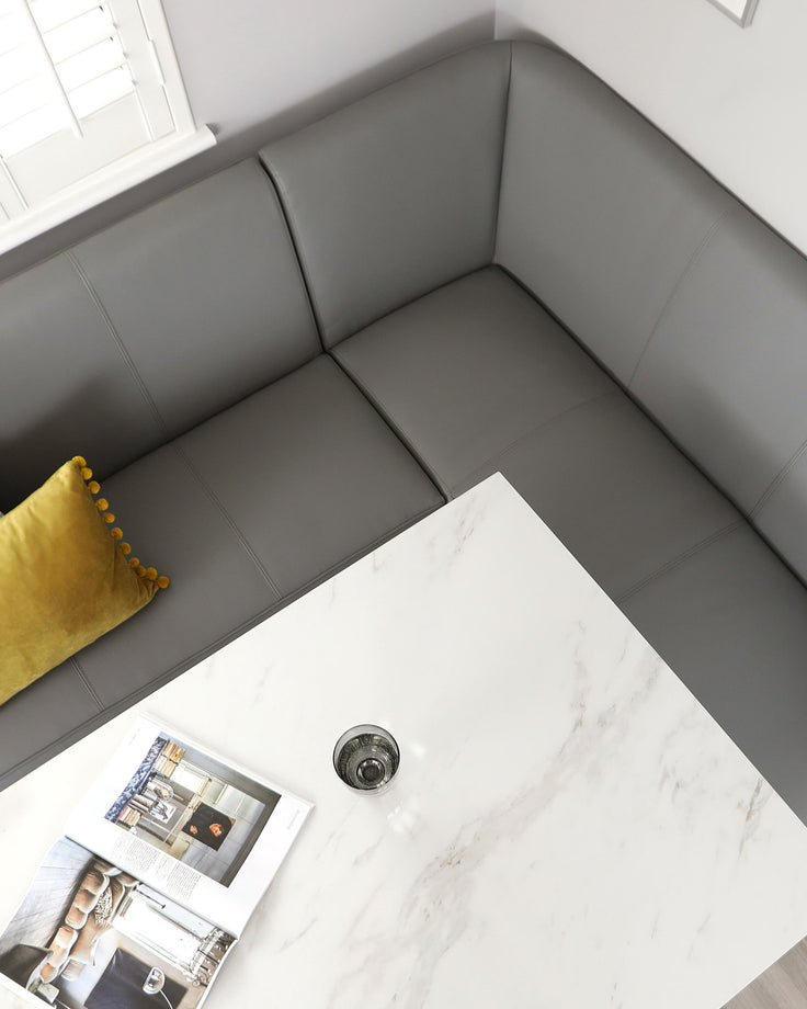 mellow 5 seater faux leather brushed stainless steel left hand corner bench mid grey