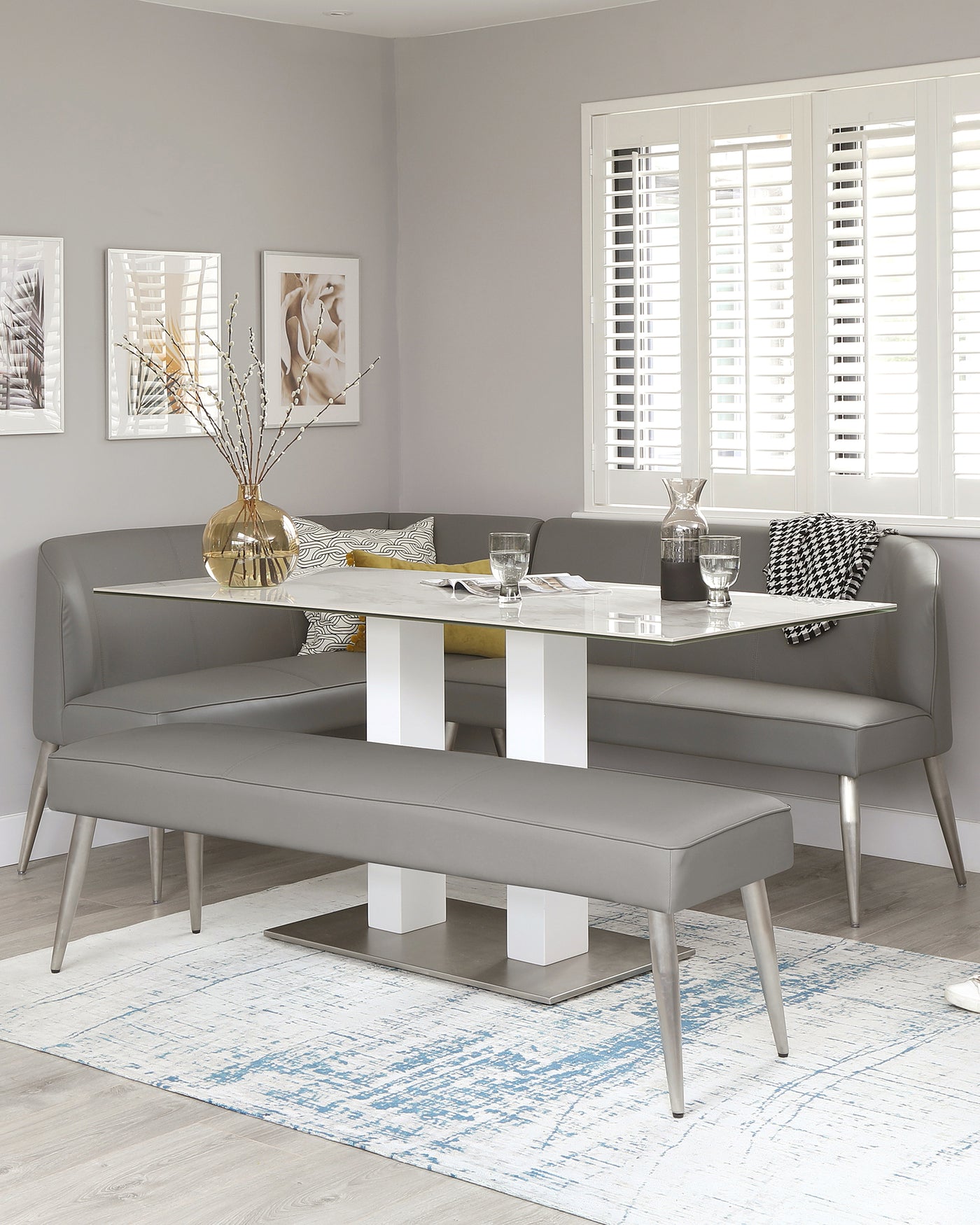 Mellow Grey Faux Leather And Stainless Steel 3 Seater Without Backrest Dining Bench
