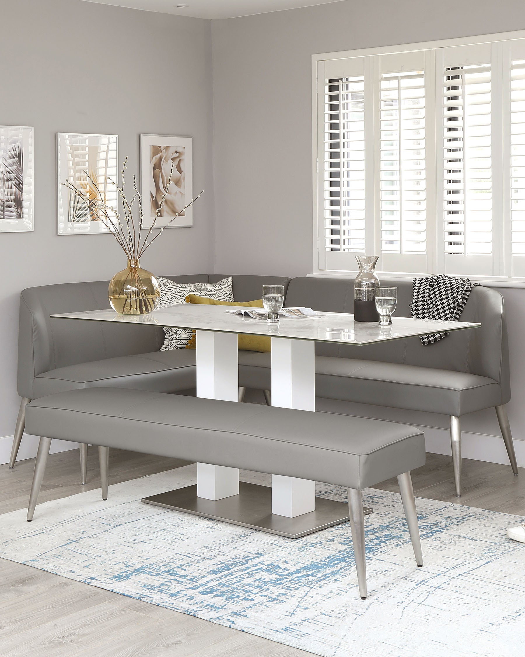 Mia Ceramic Marble Table With Mellow Right Hand Corner Bench Set