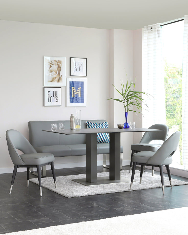 mia grey ceramic table with loop dining bench and clover chair set