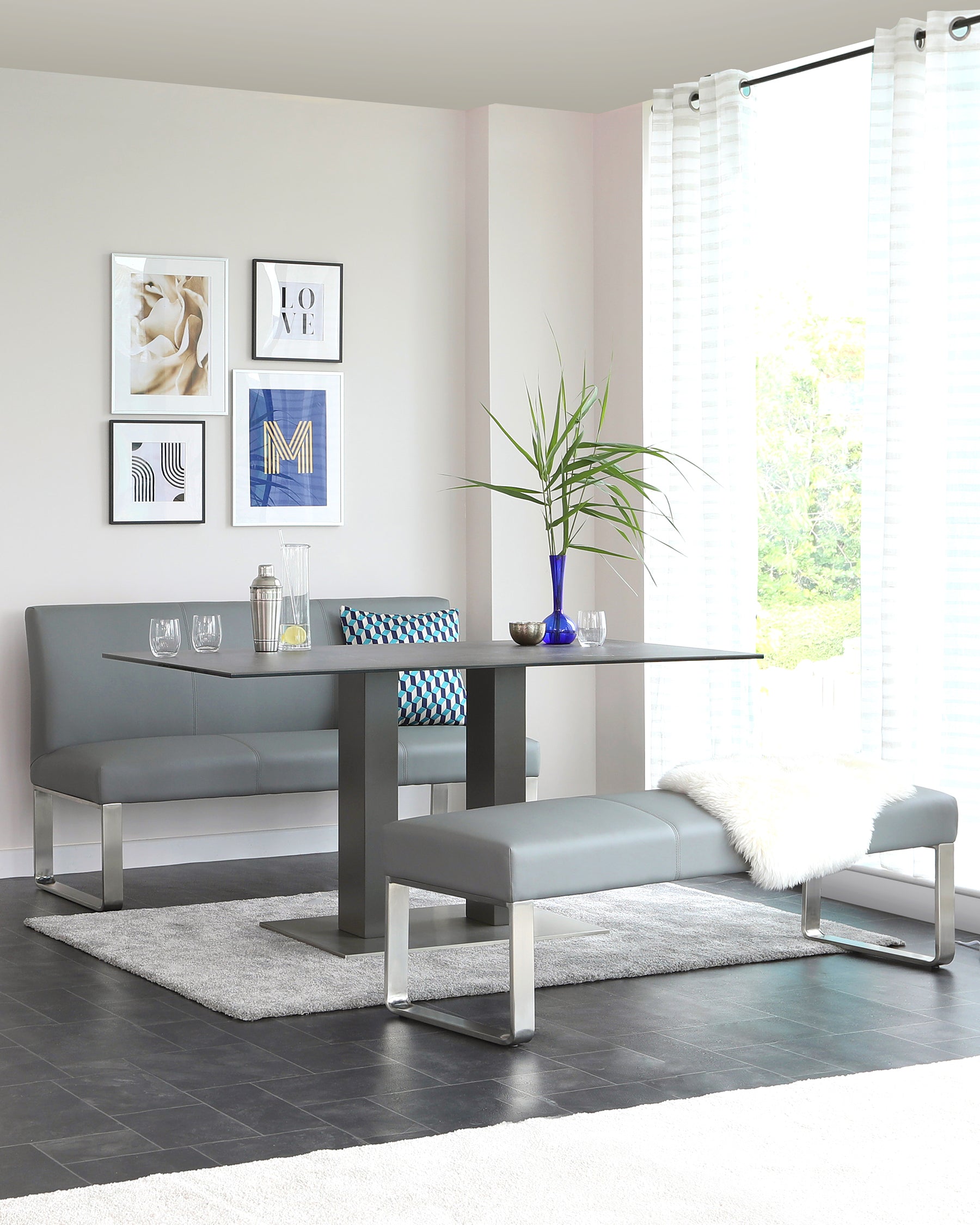 mia grey ceramic dining table and loop dining bench set