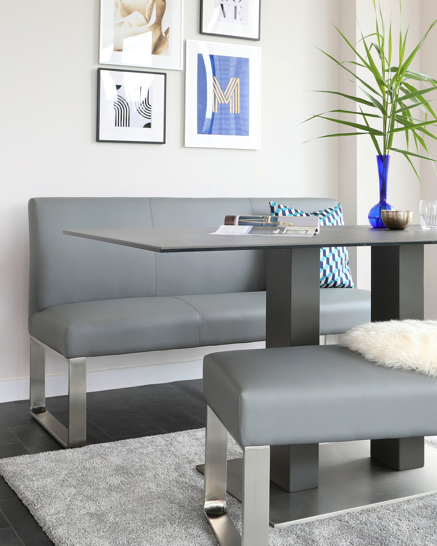 mia grey ceramic dining table and loop dining bench set