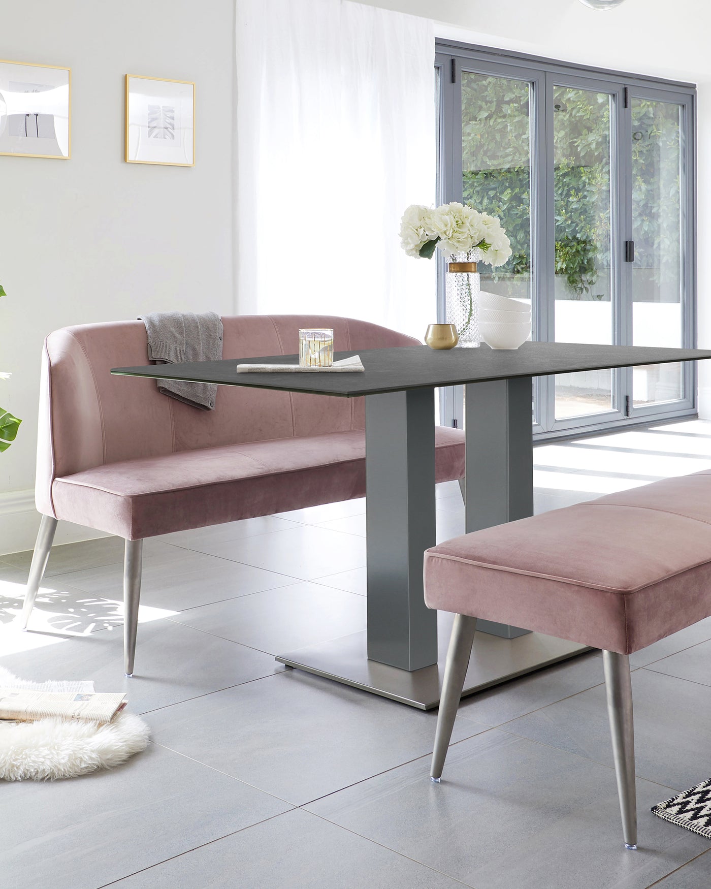 Mia Grey Ceramic Dining Table And Mellow Blush Pink Bench Set
