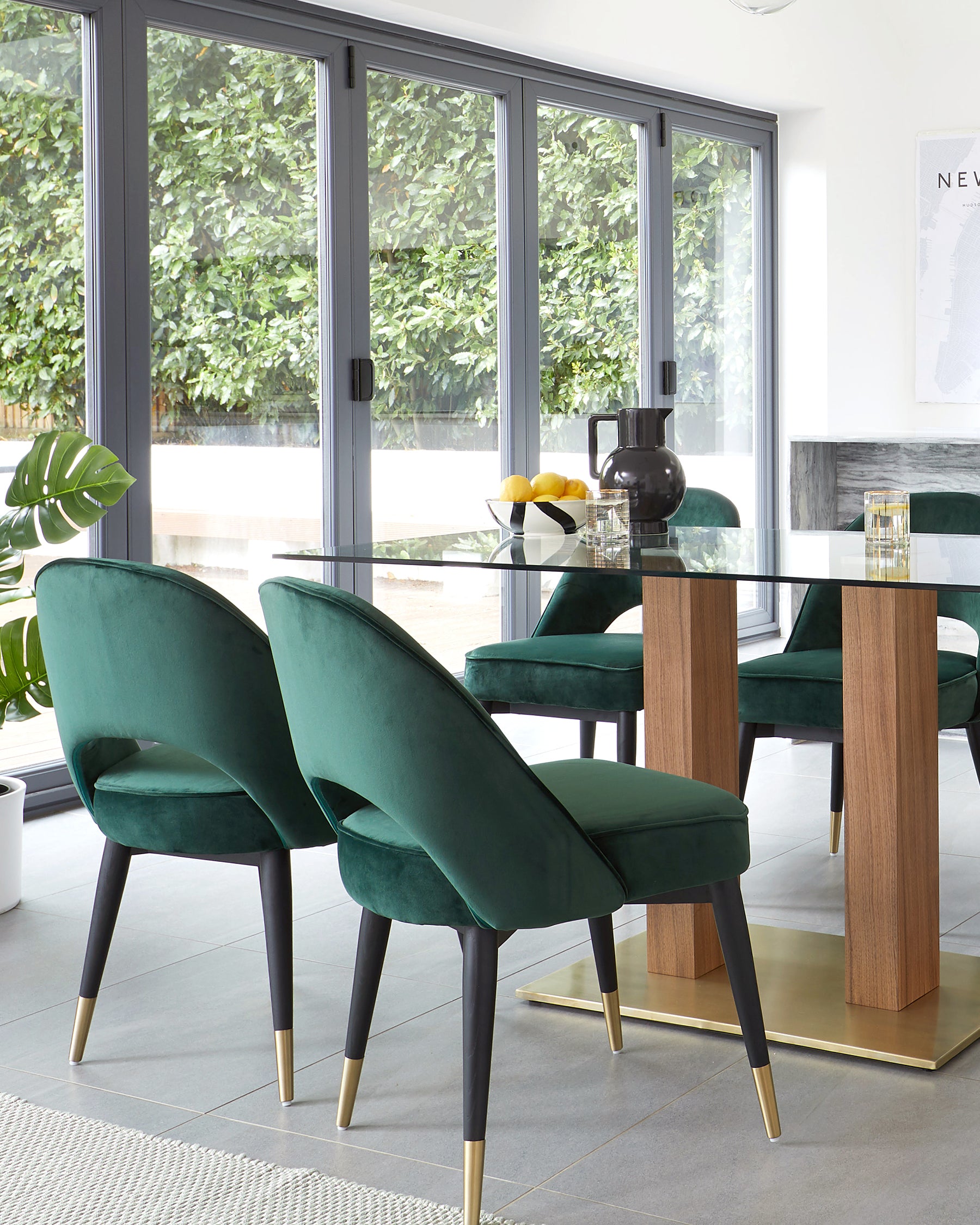 Mia Glass And Brass Dining Table With Clover Velvet Chairs Set