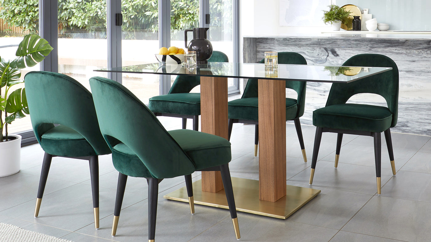 Mia Glass And Brass Dining Table With Clover Velvet Chairs Set