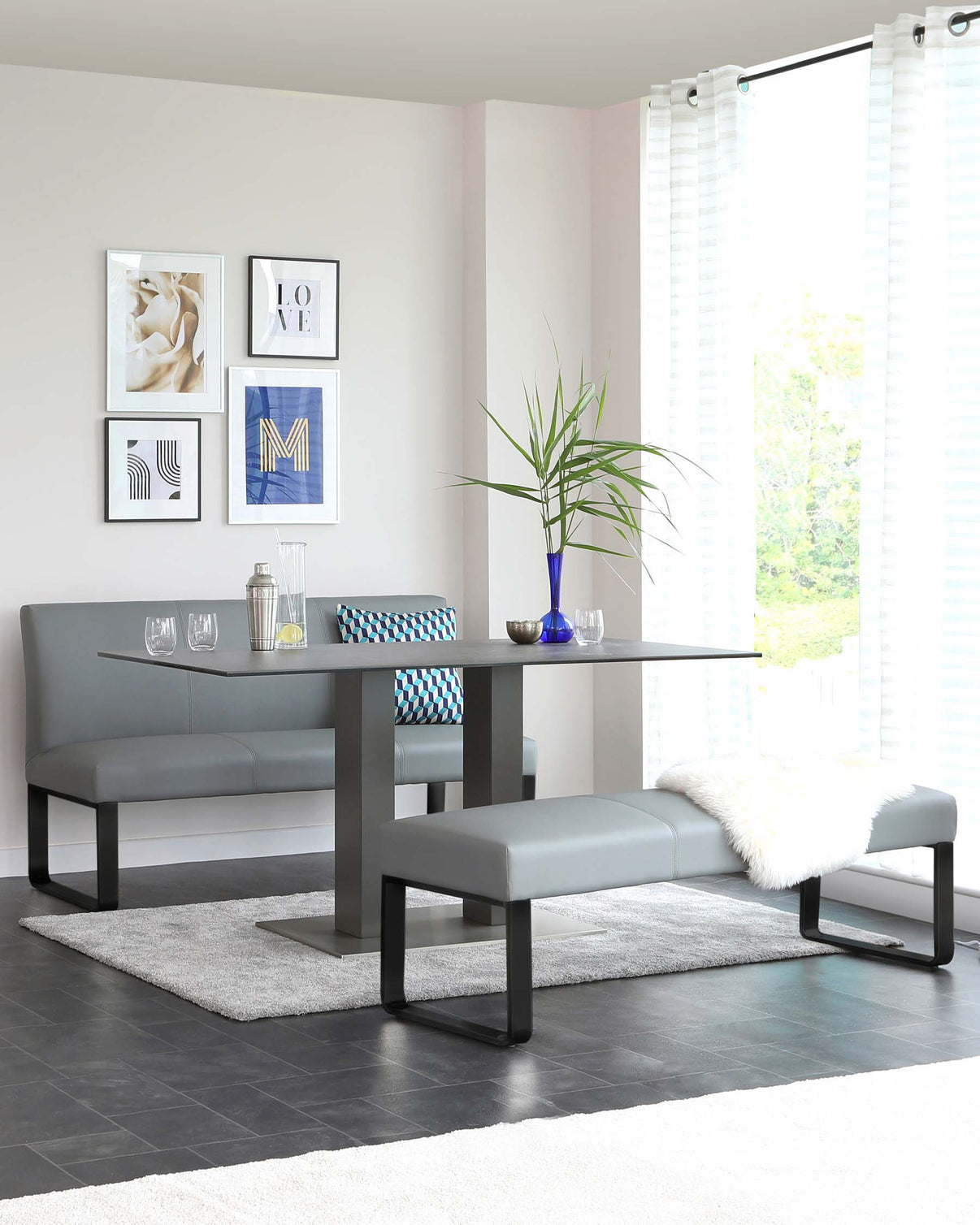 Loop 3 Seater Mid Grey & Black Leg Dining Bench With Backrest – Danetti