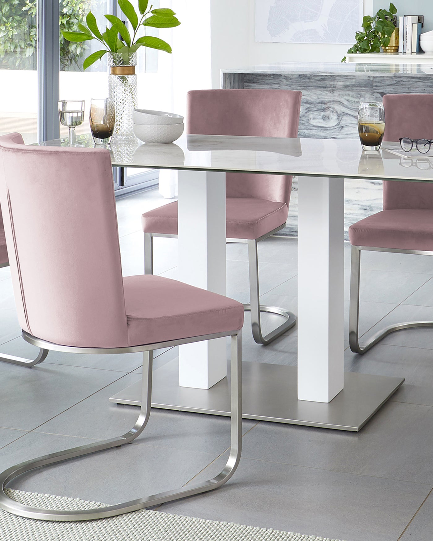 Mia Ceramic Dining Table With Form Blush Pink Velvet 6 Seater Dining Set
