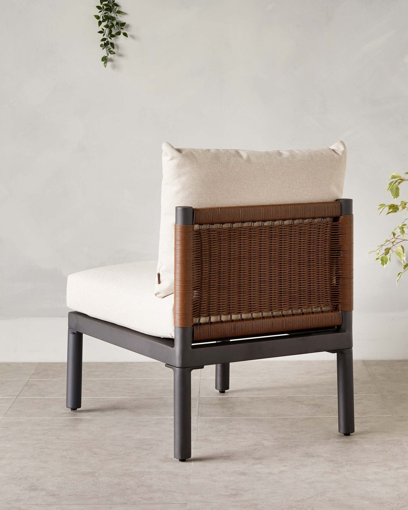 Modern armchair with a matte black wooden frame and woven rattan backrest; featuring a thick cushioned seat and a square accent pillow in a neutral beige fabric, against a textured light grey wall with hanging greenery.