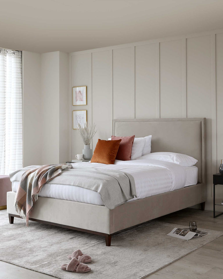 Elegant contemporary bedroom featuring a plush upholstered bed in a soft grey fabric with a high rectangular headboard, complemented by clean white bedding accented with orange throw pillows. A cosy blanket is draped over the foot of the bed. The bed rests on a textured light-coloured area rug that covers a light wooden floor.