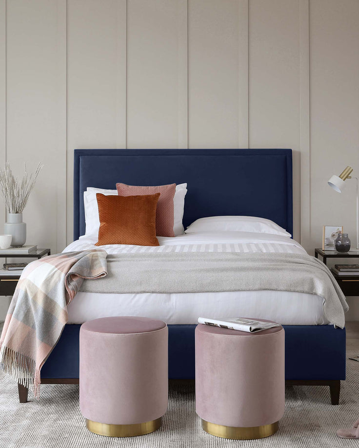 monica velvet double bed with storage navy