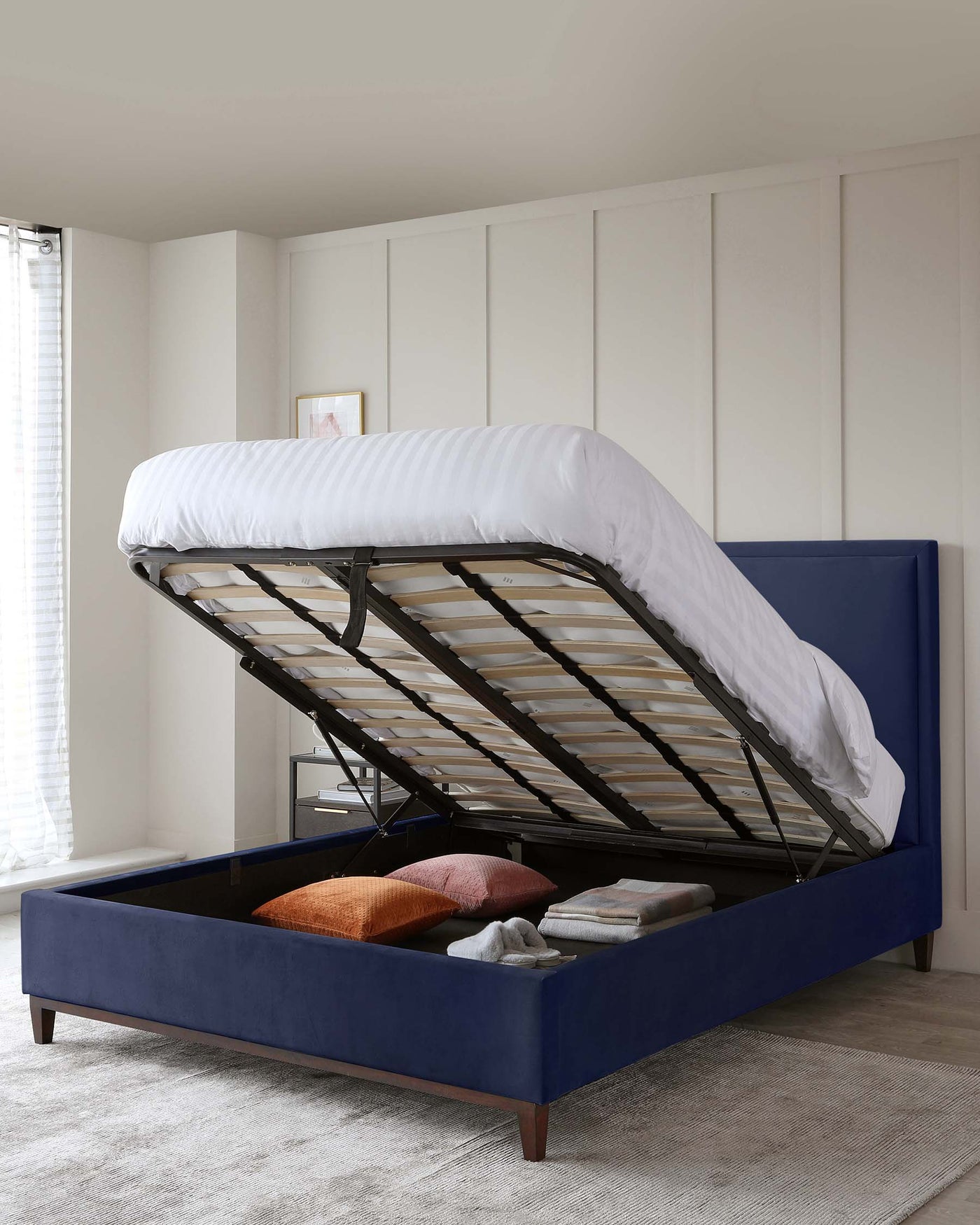monica velvet double bed with storage navy