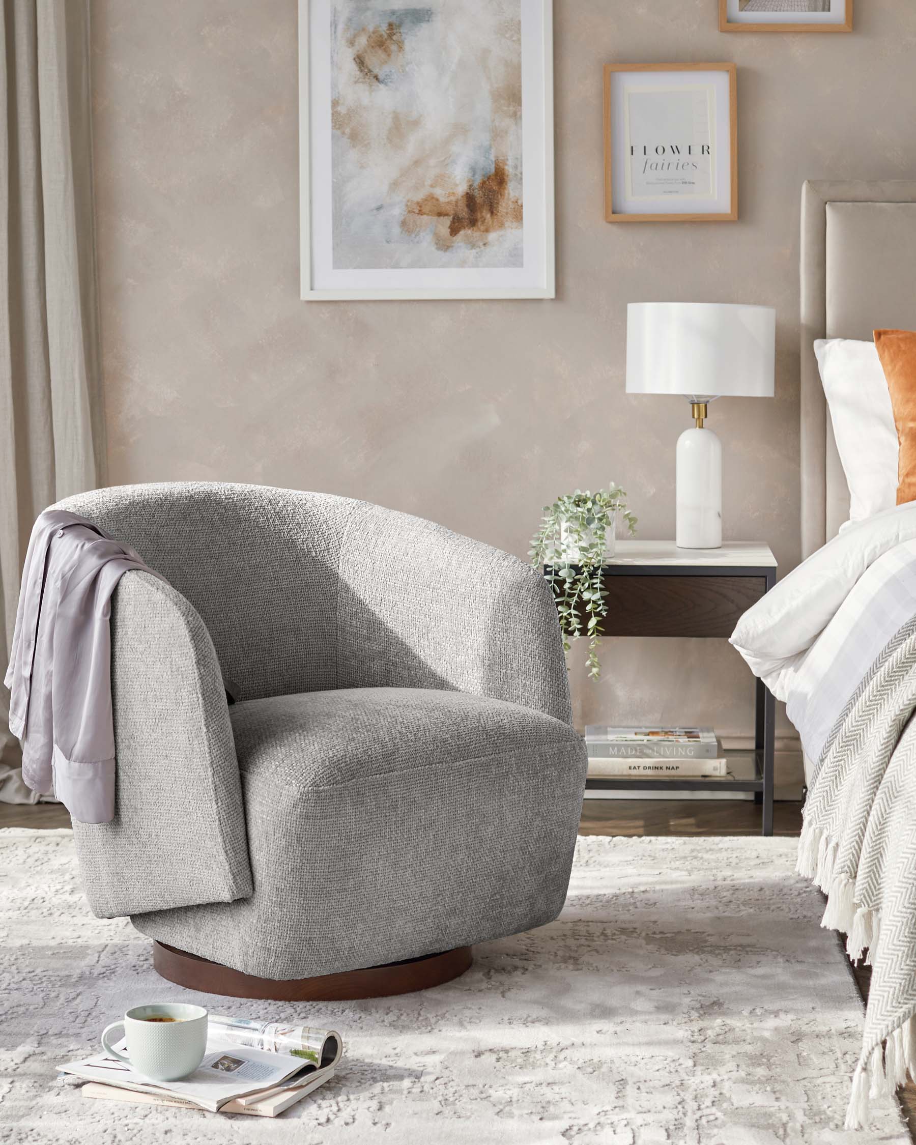 Natalia light grey chunky weave swivel accent chair – Danetti