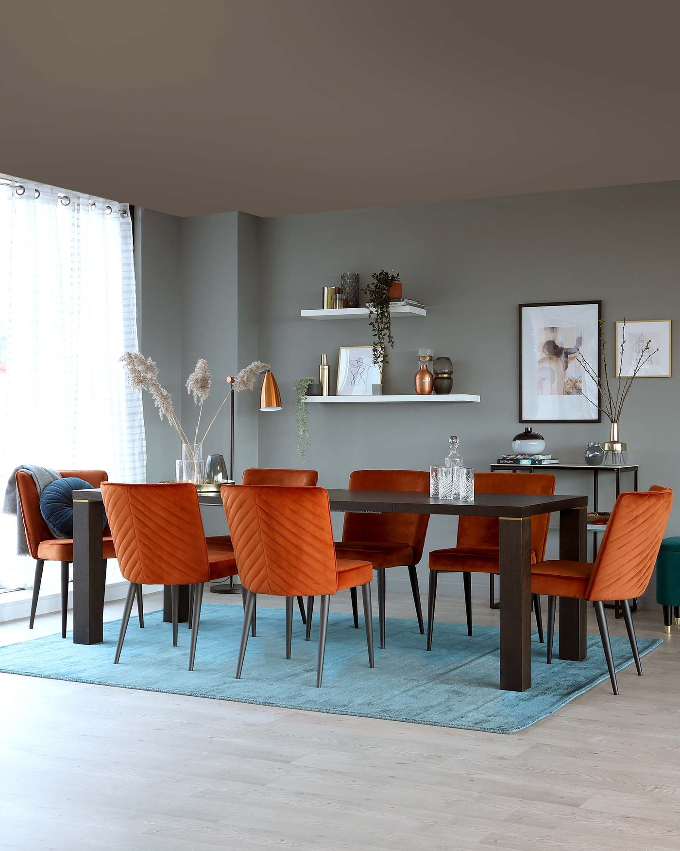 nixon brass extending table and serena velvet dining chair set