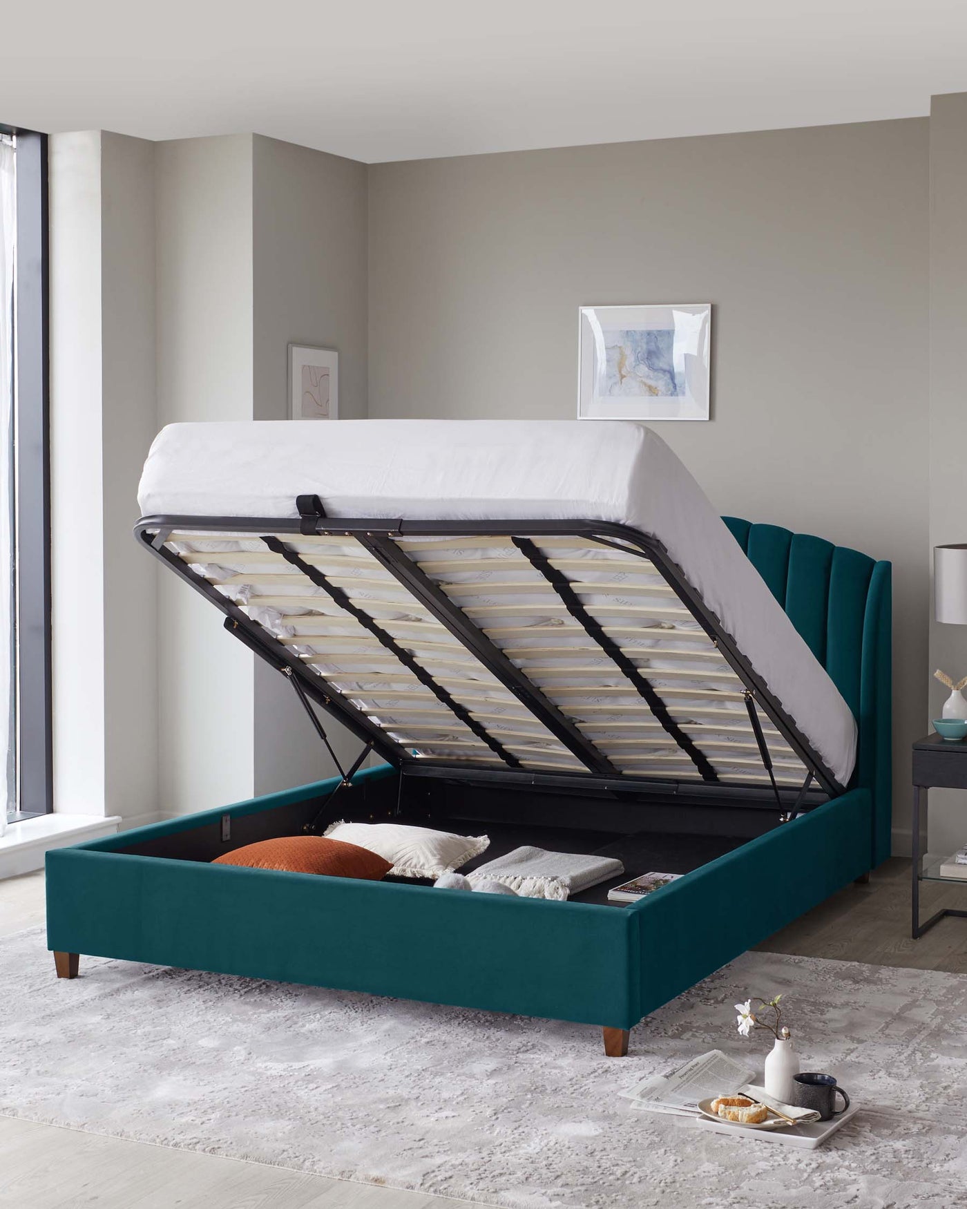Noelle Dark Teal Velvet Super King Size Bed With Storage