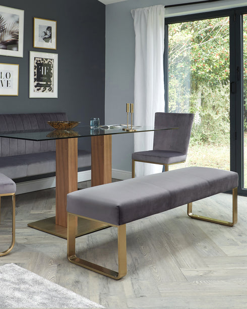 Ophelia 3 Seater Dark Grey Velvet And Brushed Brass Bench Without Backrest