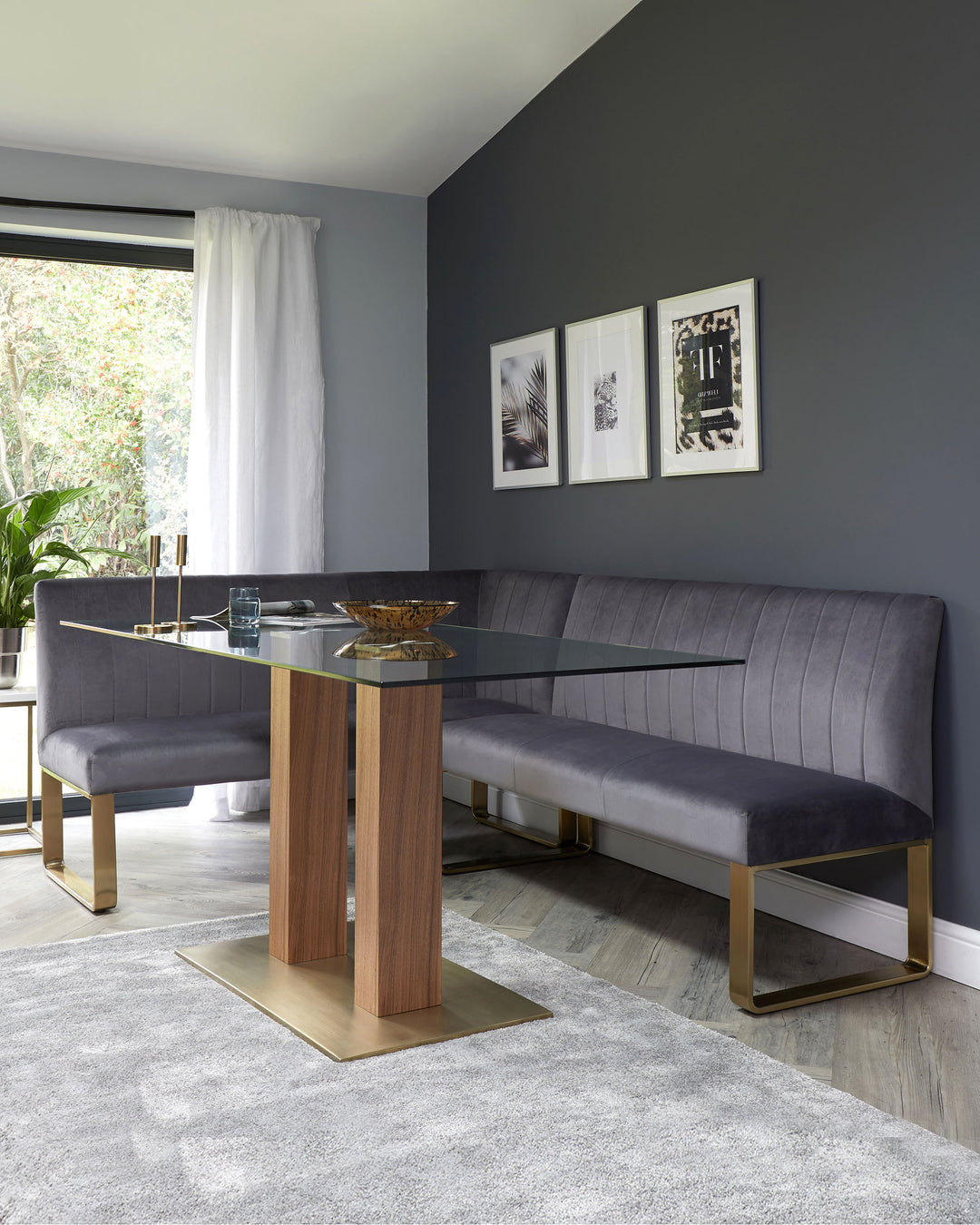 Ophelia Dark Grey Velvet 5 Seat Left Corner Bench & Brushed Brass Legs