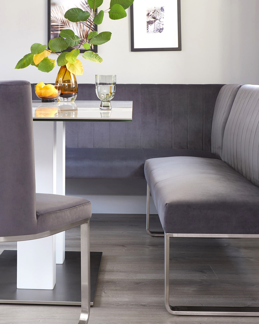 Ophelia Dark Grey Velvet 5 Seater Stainless Steel Right Corner Bench ...