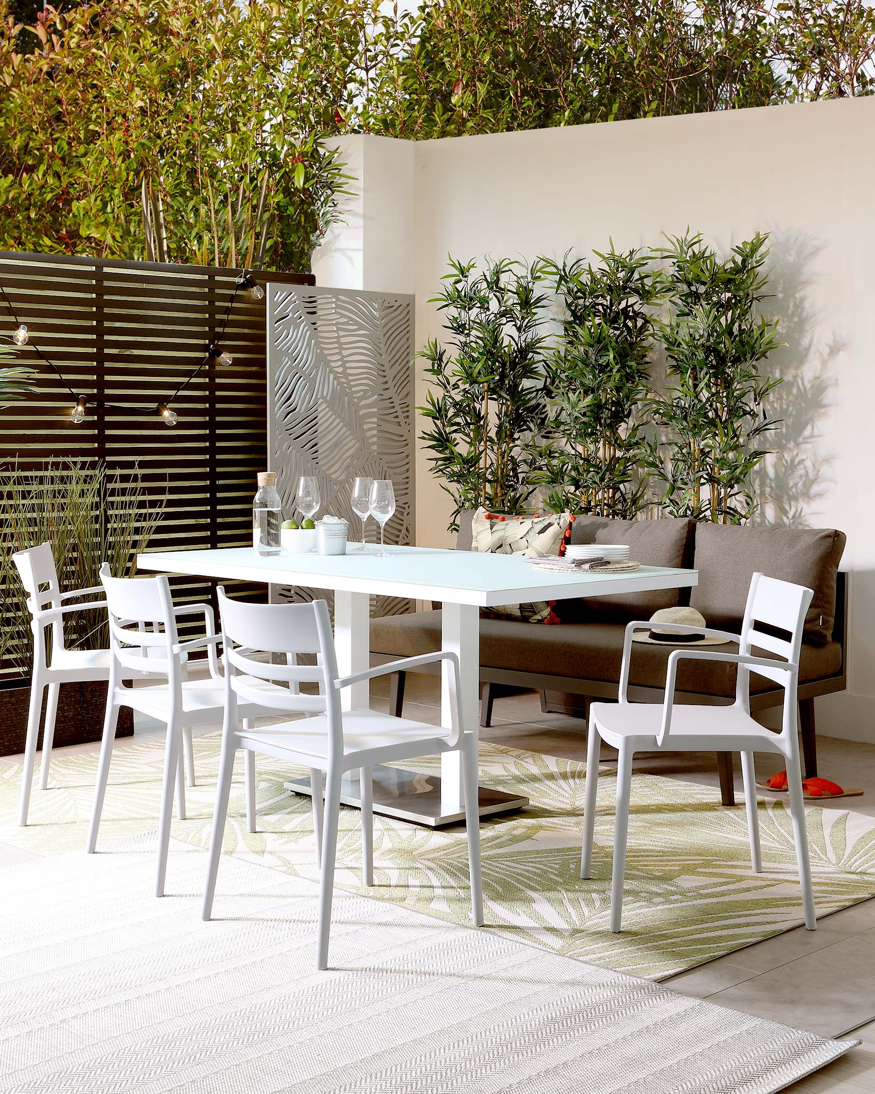 palermo white dining bench and alexa garden armchair set