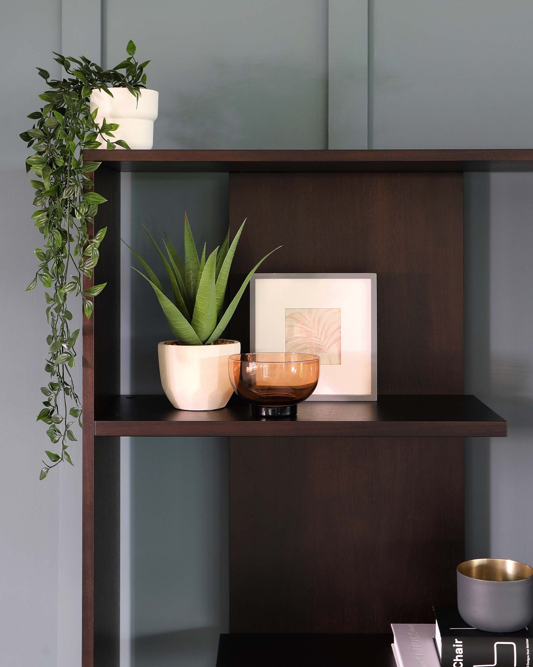 A modern, dark wooden shelving unit with clean lines and a minimalist design, featuring two visible shelves of varying lengths, elegantly displaying decorative items like plants, bowls, and framed art.