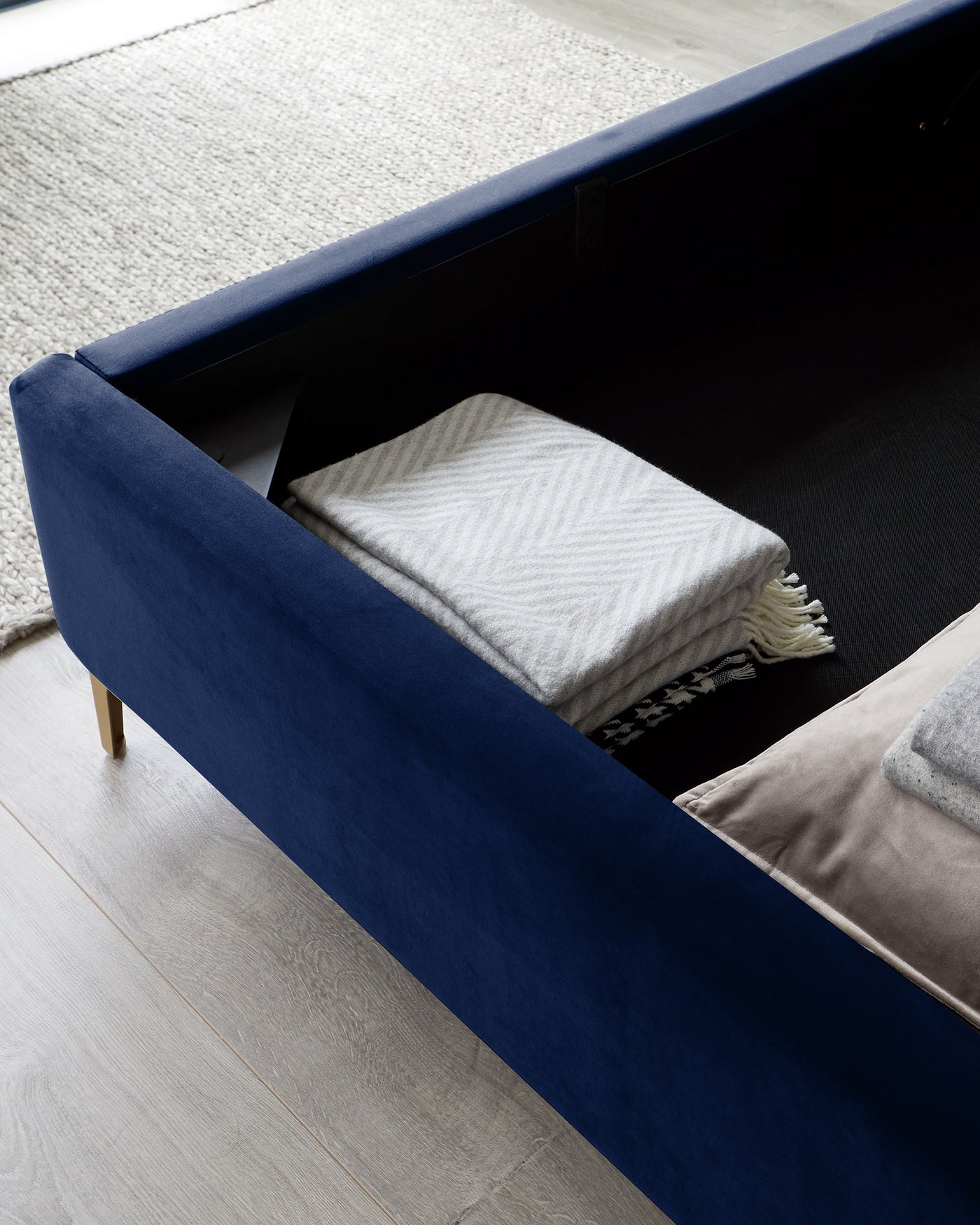 Rene Navy Blue Velvet King Size Bed With Storage