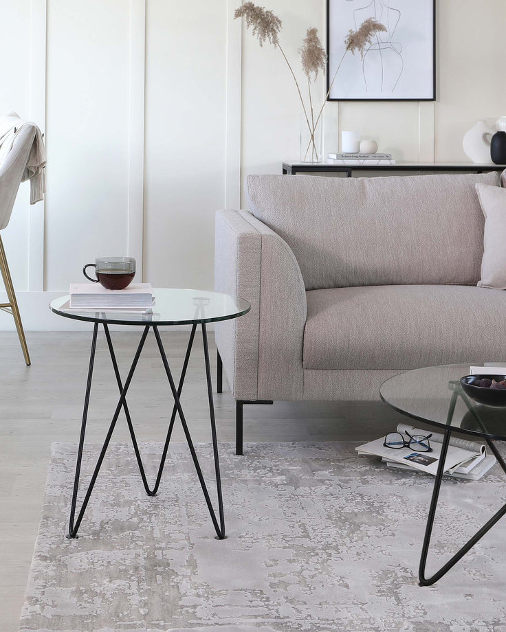 Modern living room with a minimalist beige fabric sofa and two round glass-top side tables with black metal legs, set on a light grey patterned area rug.