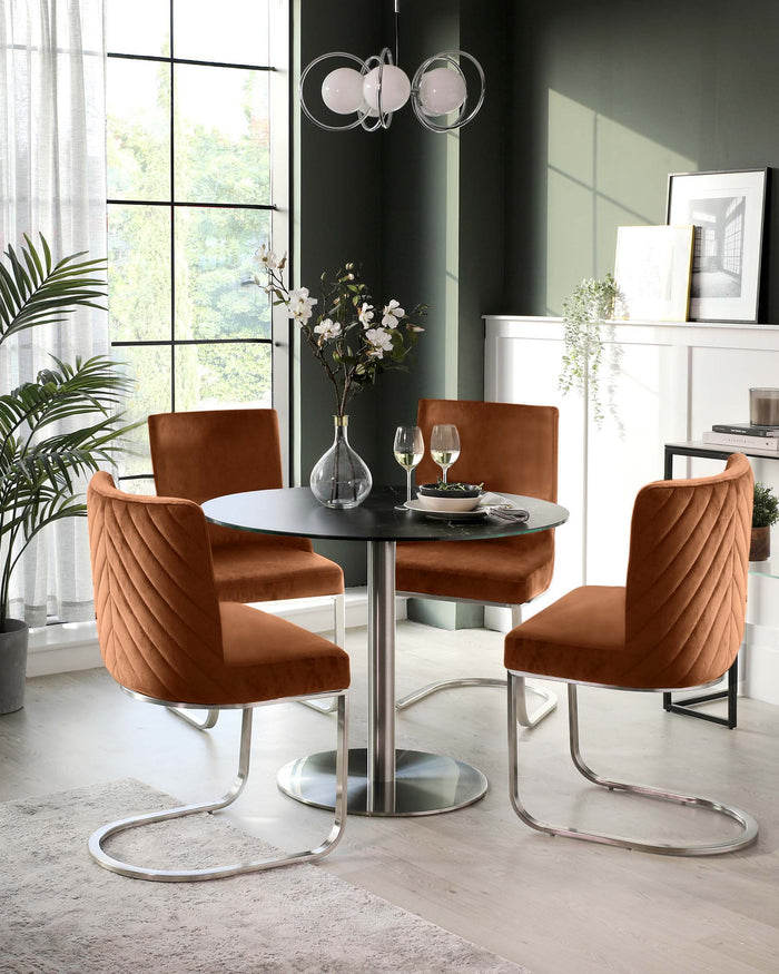 A modern dining set featuring a round, black tabletop with a reflective central pedestal base on a circular glass footing. Accompanied by two cantilever dining chairs upholstered in a warm caramel velvet fabric, with channel tufting on the backrests and smooth seats, each chair sits on a sleek, curved chrome base. The setting is complemented by a minimalistic white sideboard in the background.