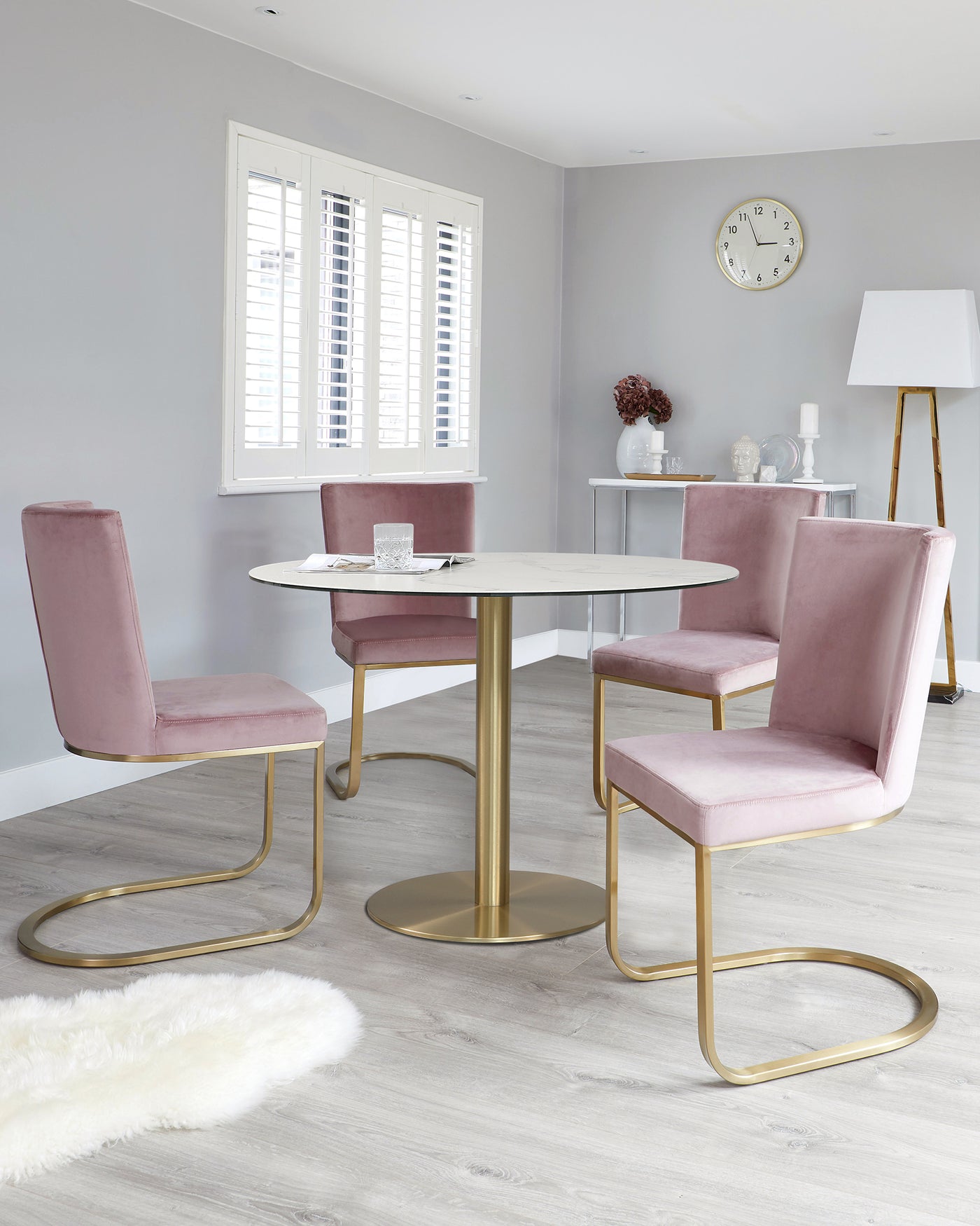 Romeo Marble Table With Form Blush Pink Velvet Chairs